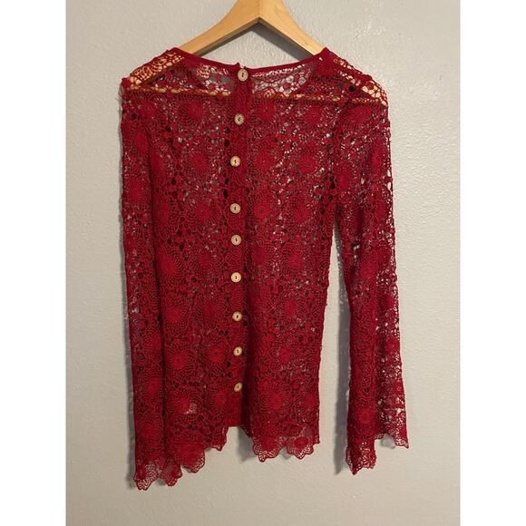 Double Zero Womens Tunic Size Small Red Floral Crochet Lace Sheer Whimsical READ - Picture 5 of 9